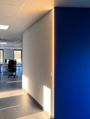 Bright, modern workspace features a blue wall, sleek furniture, and sunlight streaming through large windows, enhancing the atmosphere