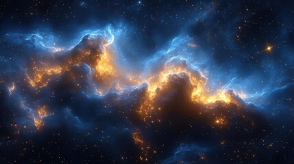 Fototapeta premium celestial nebula with shimmering gold particles deep blue cosmic swirls intertwining with luminous stardust creating an ethereal abstract tapestry of the cosmos