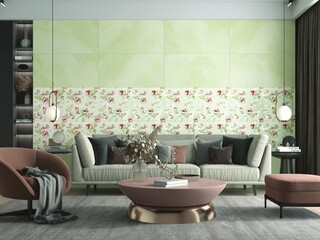 Fashionable living room interior with glossy marble floor, Scandinavian sofa and black ceramic double coffee table, black and white sofa rug, black television, green plant pot, window wall. 3D Render