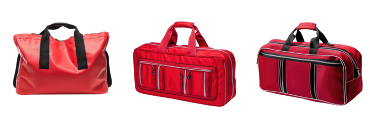 Three gym bags mockup set, red sports bag for branding isolated Png, transparent without background.