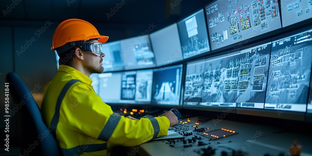 Poster engineer monitoring high-tech mining operations at industrial control center