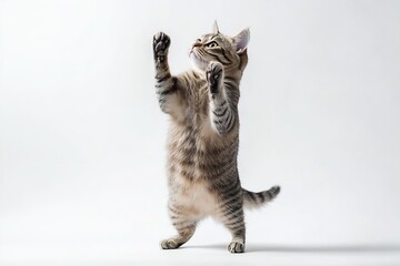 Naklejka premium A cat rises up, its entire body isolated on a white backdrop and its two front paws raised. Generative Ai