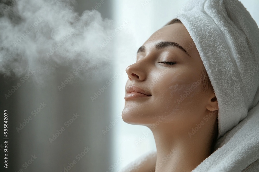 Wall mural young woman enjoying facial steaming treatment in spa