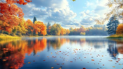 Calm lake with colorful fall foliage reflections, surrounded by trees and a misty sky.