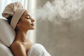 Fototapeta premium Beautiful woman enjoying steam facial treatment spa procedure