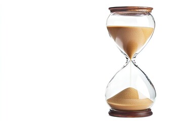 An solitary white backdrop has a traditional hourglass with sand running through it. Generative Ai