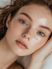 Naklejka premium Beautiful redhead woman with freckles posing while touching her face