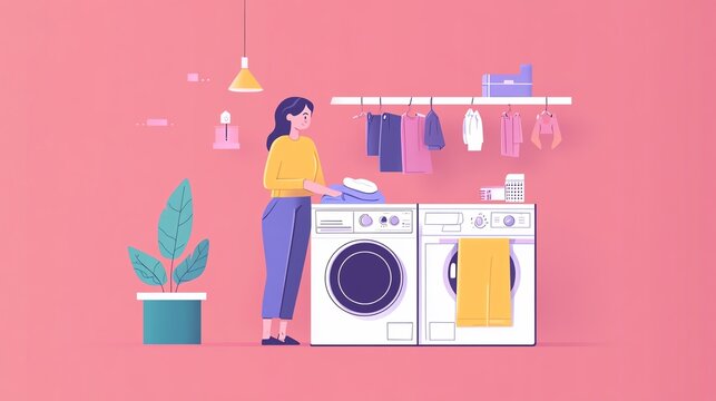 A woman doing laundry at home with modern washing machines and colorful clothing in a vibrant, stylish setting.