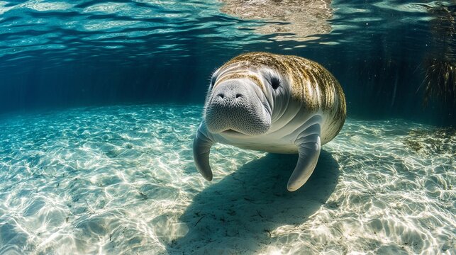 A West Indian manatee, scientifically known as Trichechus manatus, glides effortlessly through the crystal-clear waters of Three Sisters Springs in Florida. This gentle marine mammal