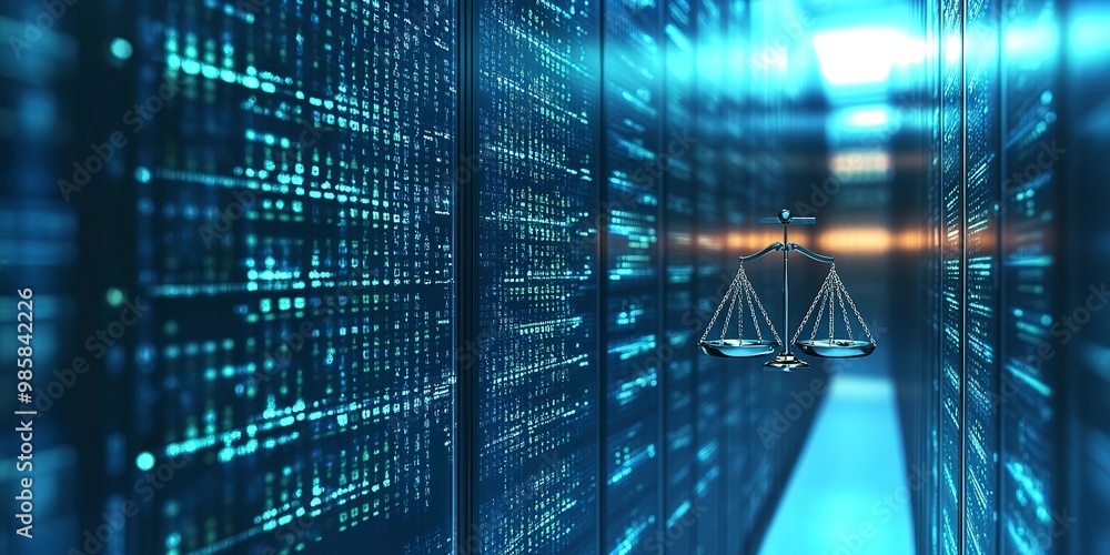 Poster empty copy space banner law on background of data center. digital law concept of duality of judiciar