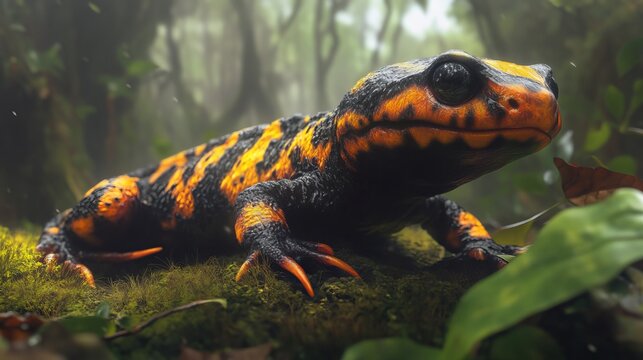 Amidst the verdant embrace of the forest, a fire salamander (Salamandra salamandra) basked in its fiery hues. 