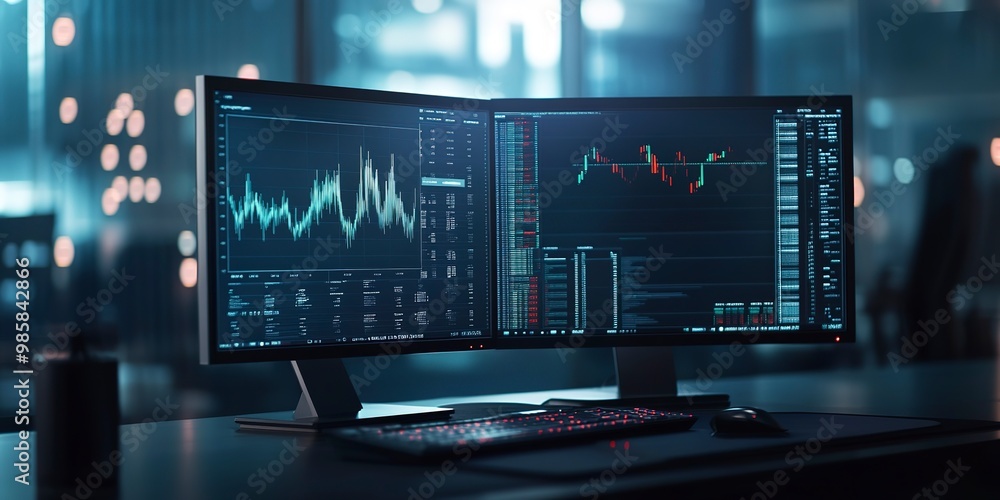 Poster dual computer monitors displaying financial data charts and graphs in a dark room with blurred futur