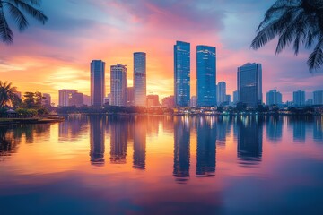 Fototapeta premium Cityscape at Sunset with Reflections on Water.