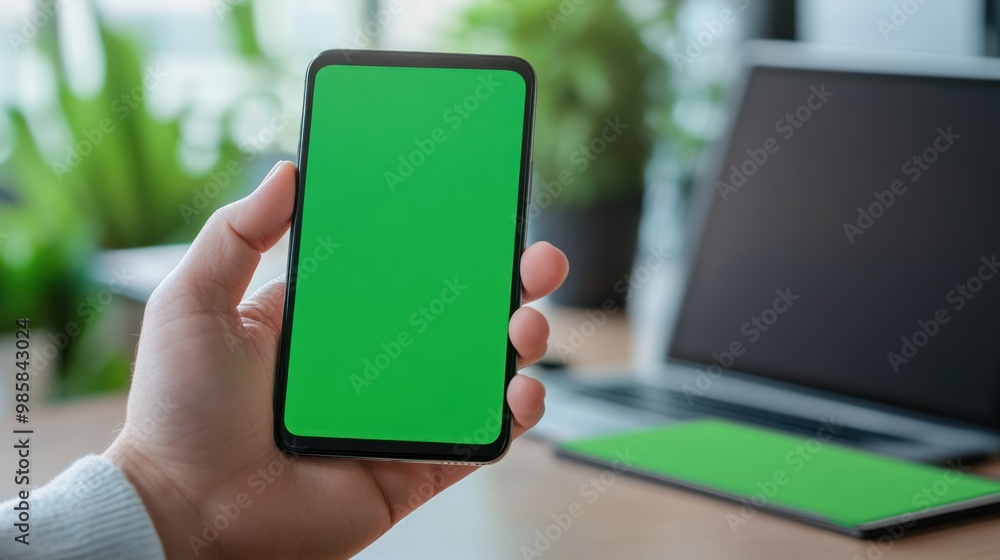 Poster designer in a modern workspace holding a smartphone with a green screen mockup display, focused on t