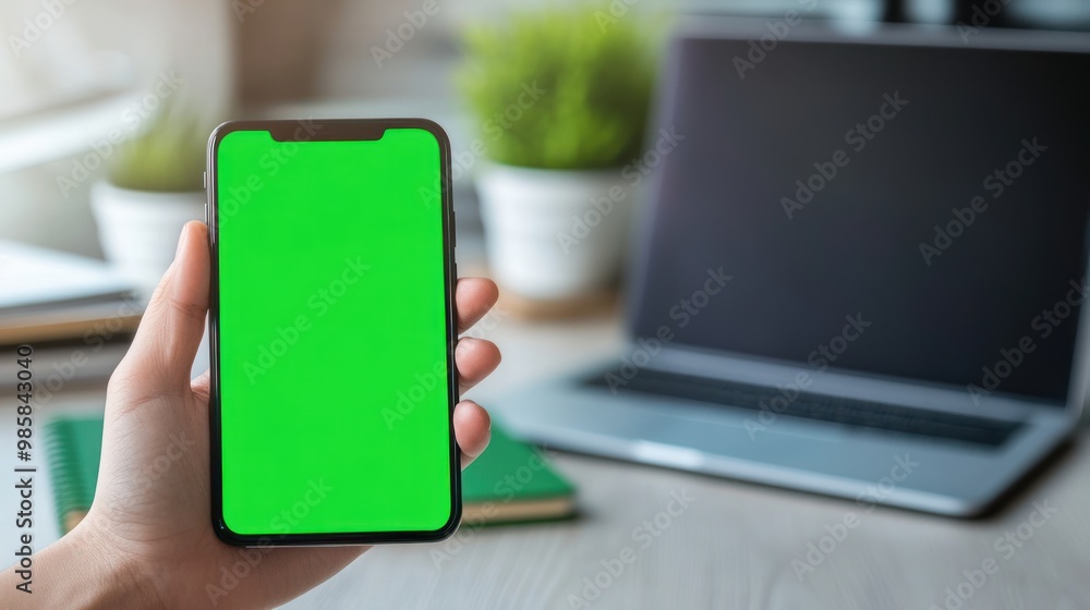 Poster designer in a modern workspace holding a smartphone with a green screen mockup display, focused on t