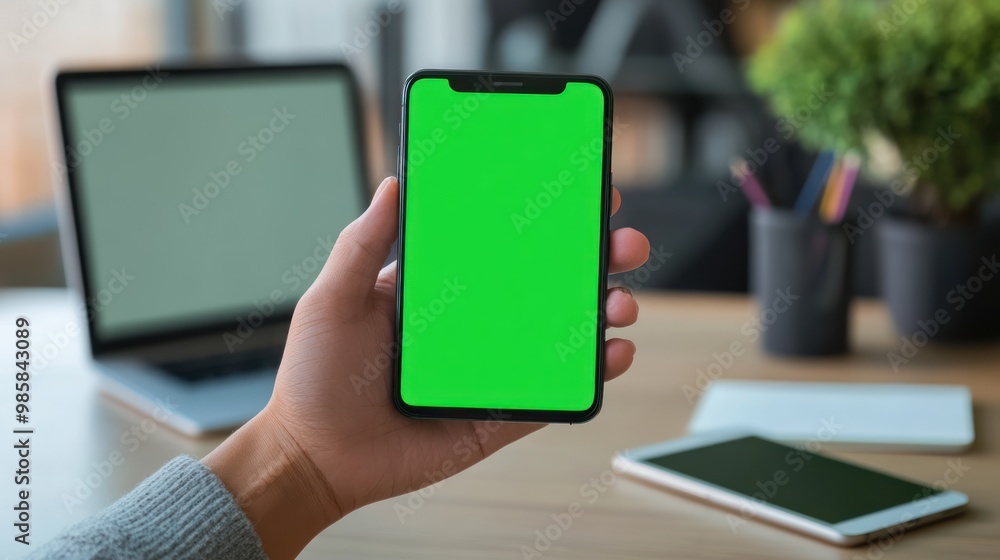Poster designer in a modern workspace holding a smartphone with a green screen mockup display, focused on t