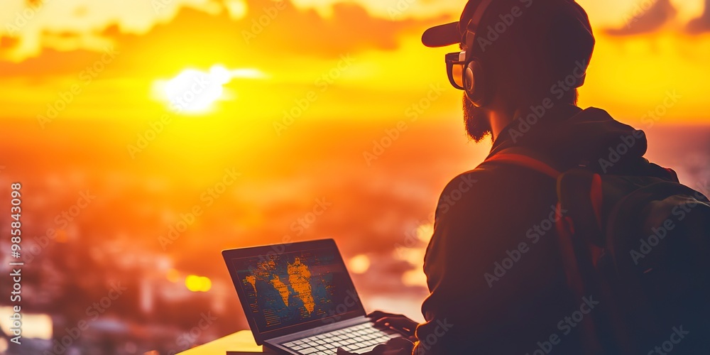Poster digital nomad silhouette of a travel marketer crafting seooptimized content for interactive destinat
