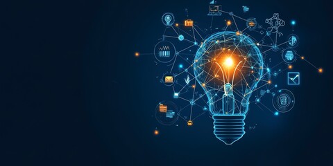 Digital marketing, Creative, New ideas and innovation for business growth, Light bulb shape and business icon with network connection, technology and digital data link on global 