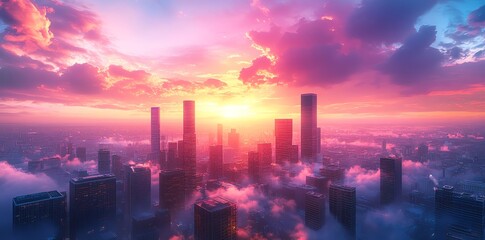 Fototapeta premium Cityscape with skyscrapers piercing the pink clouds at sunset.