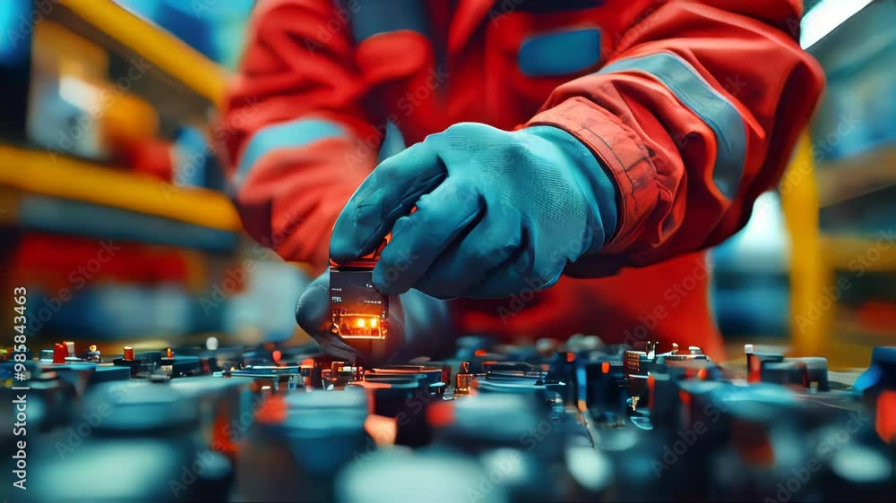 Poster close-up shot of a mechanic's hands working on an engine part, glowing with warm light, symbolizing 
