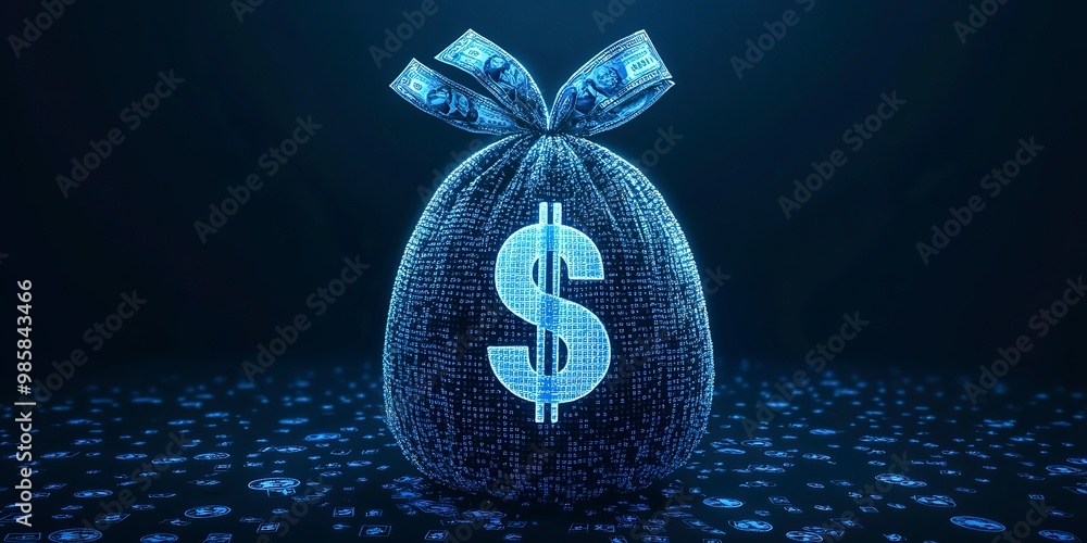 Poster digital blue moneybag with a dollar $ icon with binary code, ai financial transactions, fraud detect