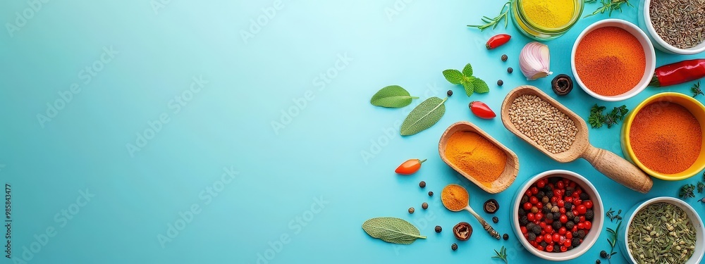 Poster spices and herbs being arranged in a geometric pattern on a table.