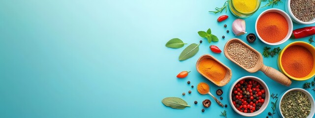 Spices and herbs being arranged in a geometric pattern on a table.