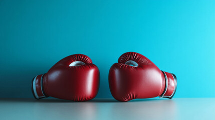 Red boxing gloves on bright solid color background with copy space