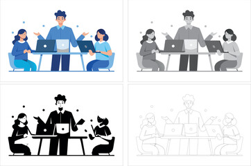 Discussion and brainstorming in team concept. Group of business people at work, office meeting. Professional communication. Isolated flat vector illustration
