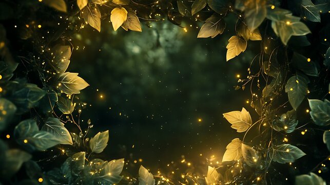 A magical forest scene with glowing leaves and vines creating a frame.