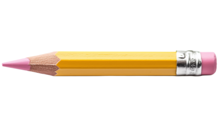 Yellow Pencil with Pink Tip Isolated on White Background. A close-up of a sharpened yellow pencil with a pink lead, isolated on a white background.