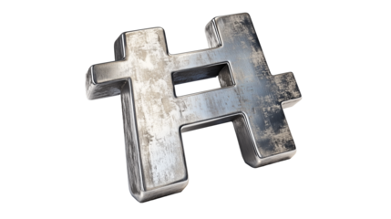 Metallic Hashtag Symbol Isolated on White Background. A rugged, metallic hashtag symbol (#), representing social media trends, communication, and digital interaction. Perfect for tech and digital-rela