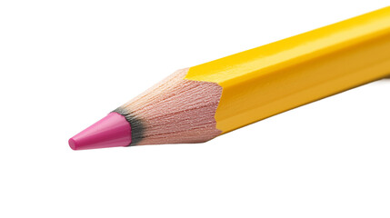 Yellow Pencil with Pink Tip Isolated on White Background. A close-up of a sharpened yellow pencil with a pink lead, isolated on a white background.