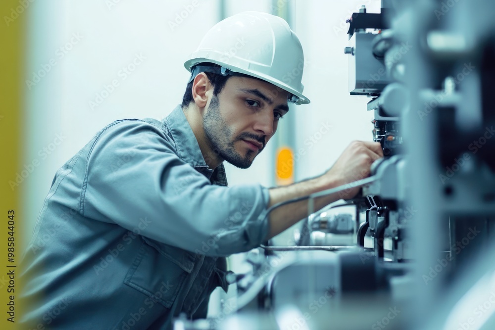 Poster engineer man working on machine on solid white background, single object