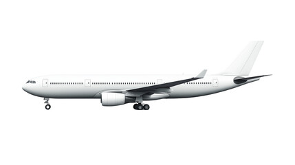 Modern Passenger Airplane Isolated on White Background.** A detailed side view of a commercial passenger airplane in a clean white design, isolated on a white background.