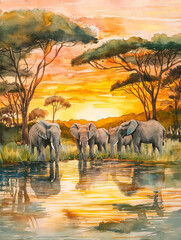 Vibrant watercolor scene depicting a majestic elephant strolling through a sun-drenched savanna, surrounded by colorful wildflowers and tall grasses, capturing the essence of wildlife.