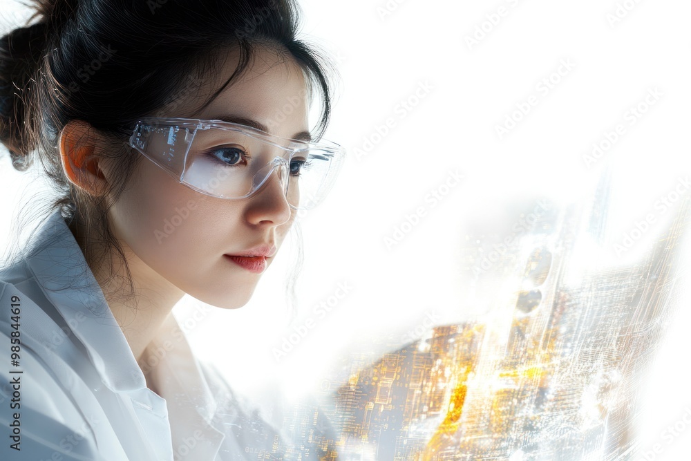 Aufkleber female engineer analyzing quantum computing data, on solid white background, single object