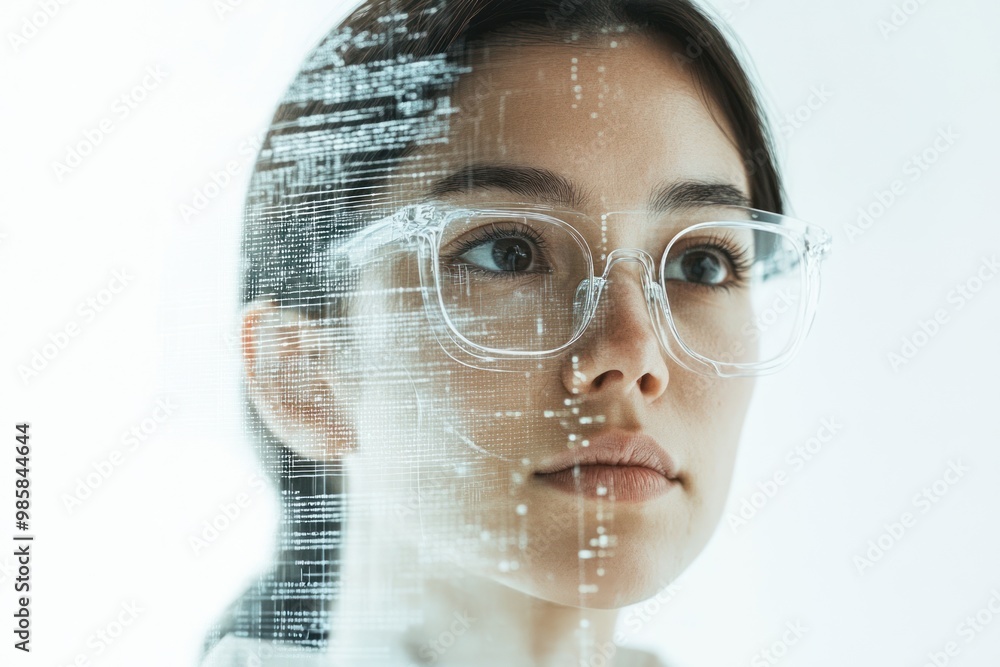 Poster female engineer analyzing quantum computing data, on solid white background, single object