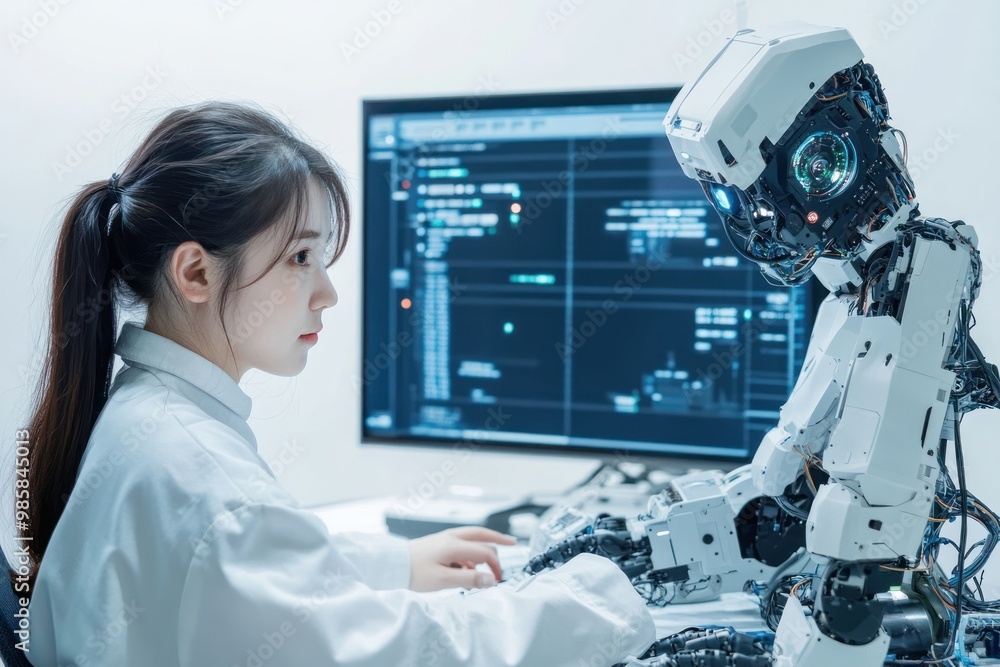 Poster female engineer programming robotics systems, on solid white background, single objec
