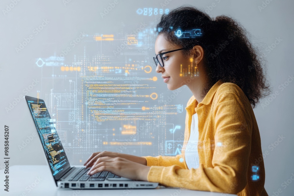 Poster female software engineer typing on a laptop with coding symbols around her on solid white background