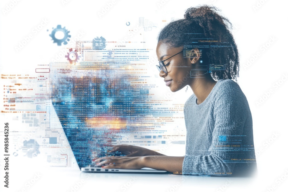 Poster female software engineer typing on a laptop with coding symbols around her on solid white background