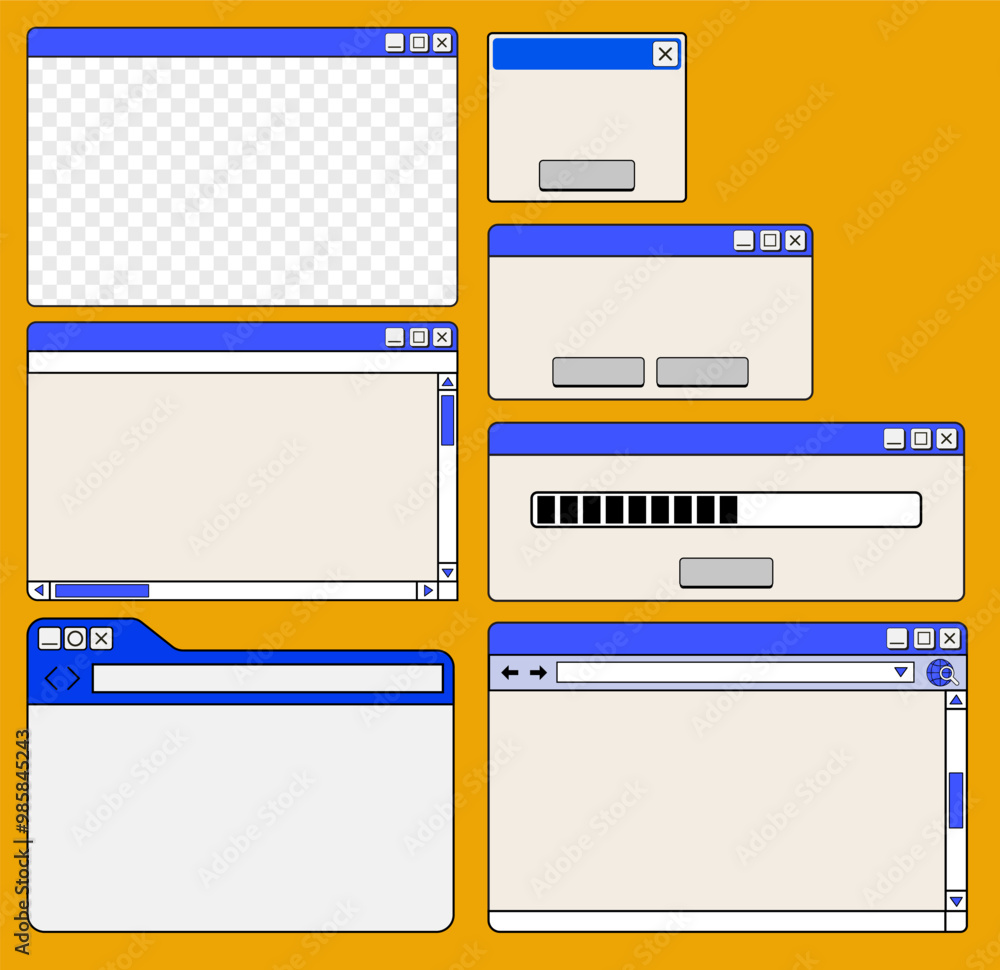 Poster vector set of retro computer interface,
vintage and dialog window 90's, nostalgic os element and icon design, y2k style