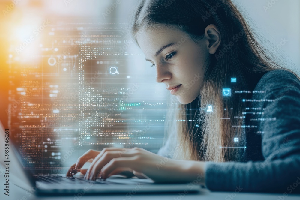 Poster female software engineer typing on a laptop with coding symbols around her on solid white background