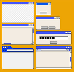 vector set of retro computer interface,
vintage and dialog window 90's, nostalgic os element and icon design, y2k style