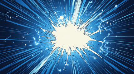 Obraz premium Blue pop art retro background with exploding rays of lightning comic style, vector illustration