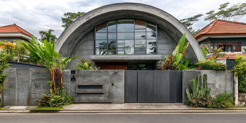 Fototapeta premium A striking home showcases a unique curved structure surrounded by tropical plants and a sleek gate in a serene neighborhood