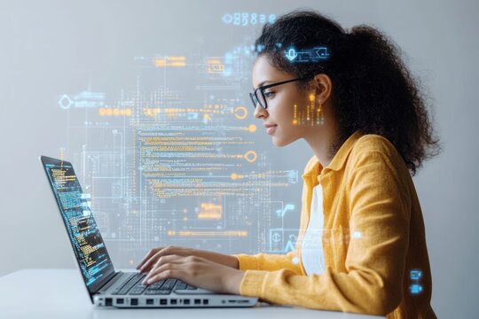 Female software engineer typing on a laptop with coding symbols around her on solid white background, single object