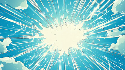 Blue pop art retro background with exploding rays of lightning comic style, vector illustration