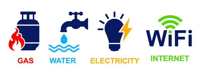 utilities - gas, water, electricity and wifi or internet supply icon set. public utility supply icons collection.