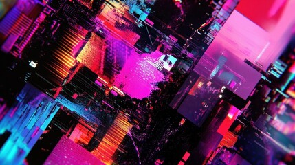 Dynamic collage of neon colors, shapes, and glitch effects, designed for tech and digital ad banners.